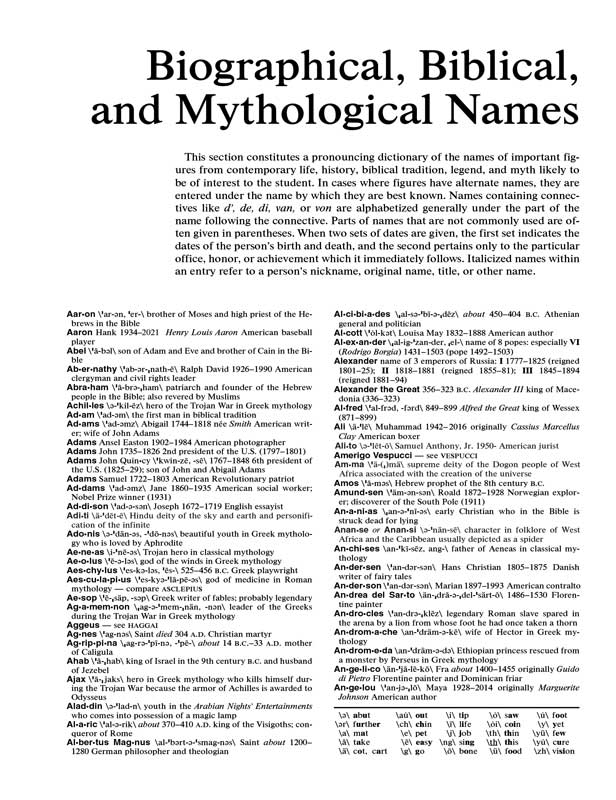 Interior page from Merriam-Webster's School Dictionary showing the new Names section.