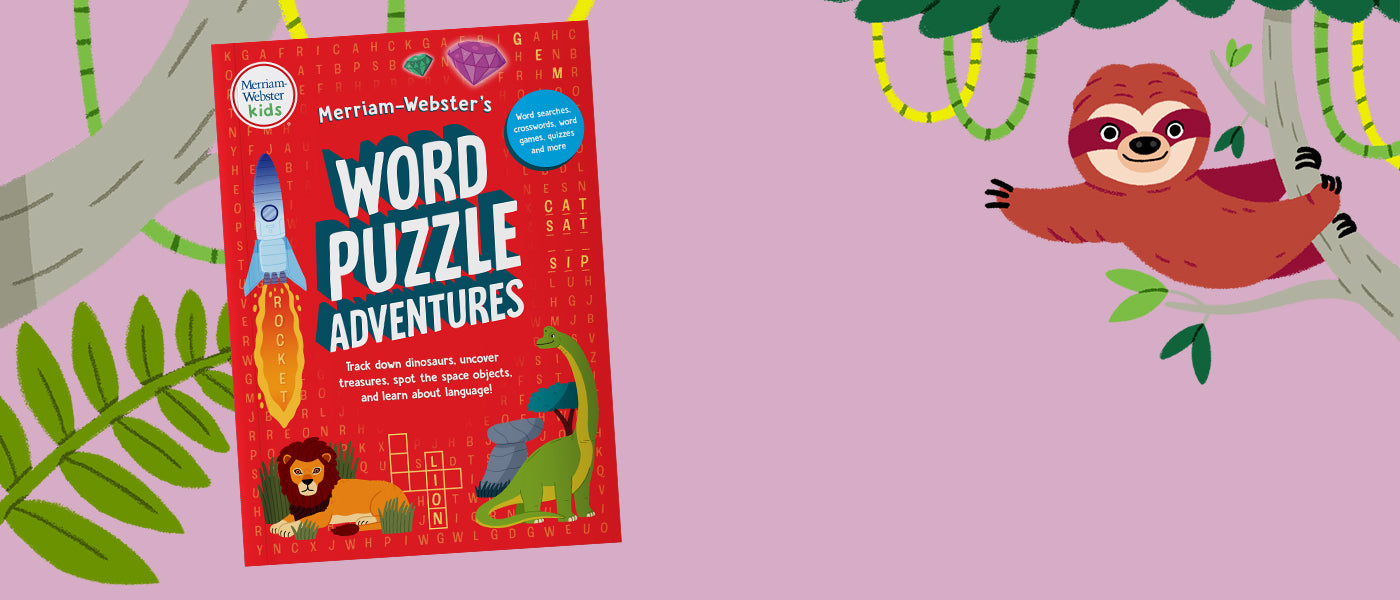 Cover of Merriam-Webster's Word Puzzle Adventures on a pink background with spot art from the book.