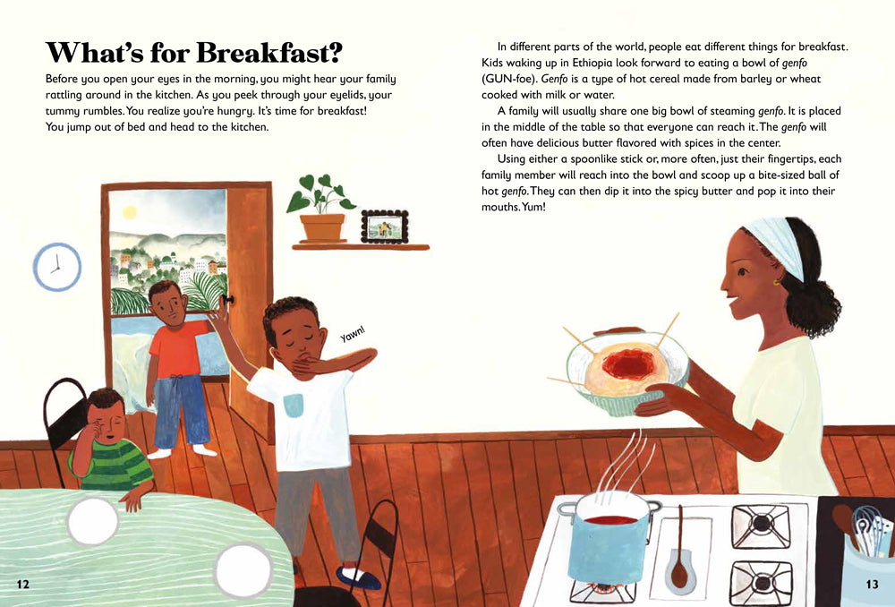 Inside pages from Britannica's 5-Minute Really True Stories for Family Time about what families have for breakfast in different parts of the world.