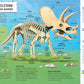 Pages 16-17 of Dinosaurs: 400 Words for Budding Paleontologists featuring an illustration of a triceratops skeleton with each bone labelled and facts throughout the spread. 