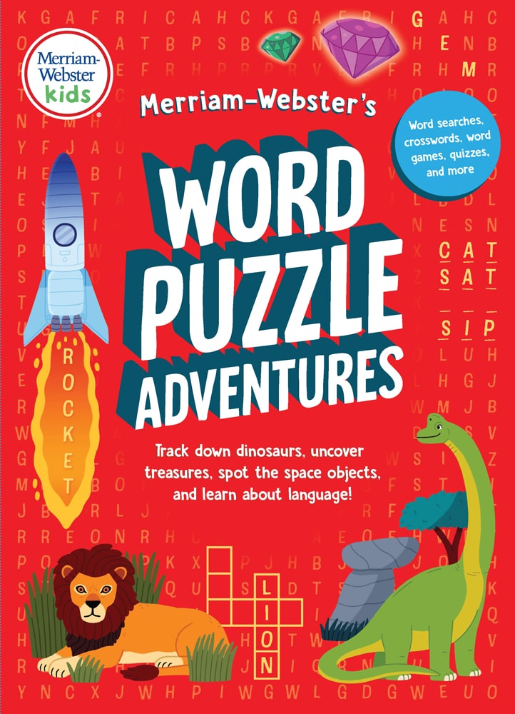 Merriam-Webster's Word Puzzle Adventures cover. Cover design includes a red background with light yellow letters, spot art illustrations, the title, and the Merriam-Webster logo. 