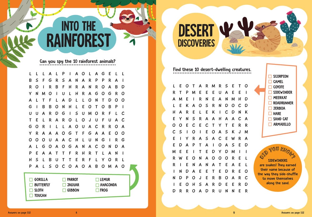 Pages 8-9 of Merriam-Webster's Word Puzzle Adventures. Page 8 is a rainforest word search and page 9 is a desert word search with a Did You Know callout.