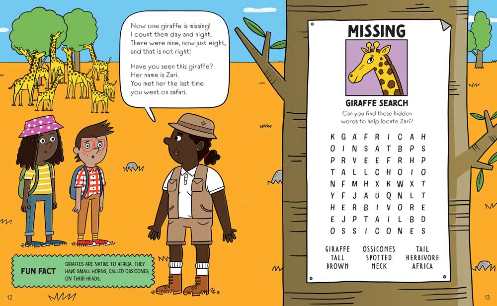 Interior spread from Please Don't Laugh, We Lost a Giraffe with a word search activity.