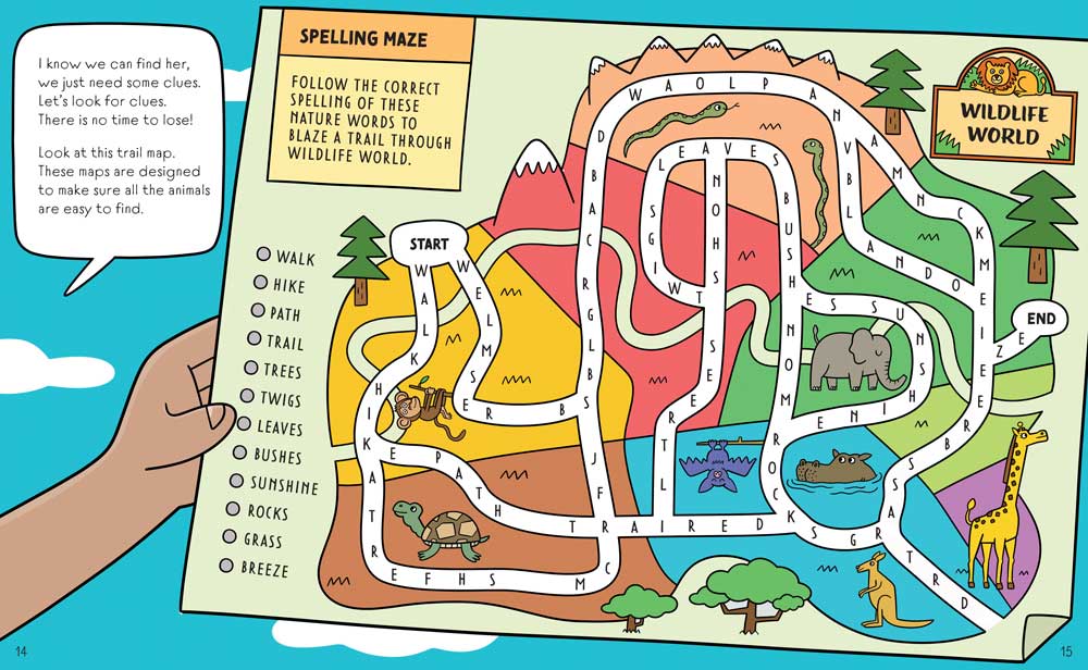 Sample spread from Please Don't Laugh, We Lost a Giraffe with a colorful maze activity about wildlife.