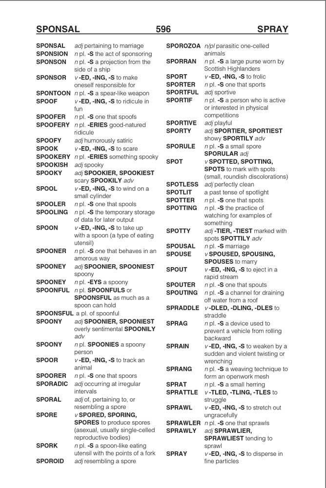 Sample page from The Official SCRABBLE Players Dictionary, Seventh Edition with playable S words, such as 'spork'.