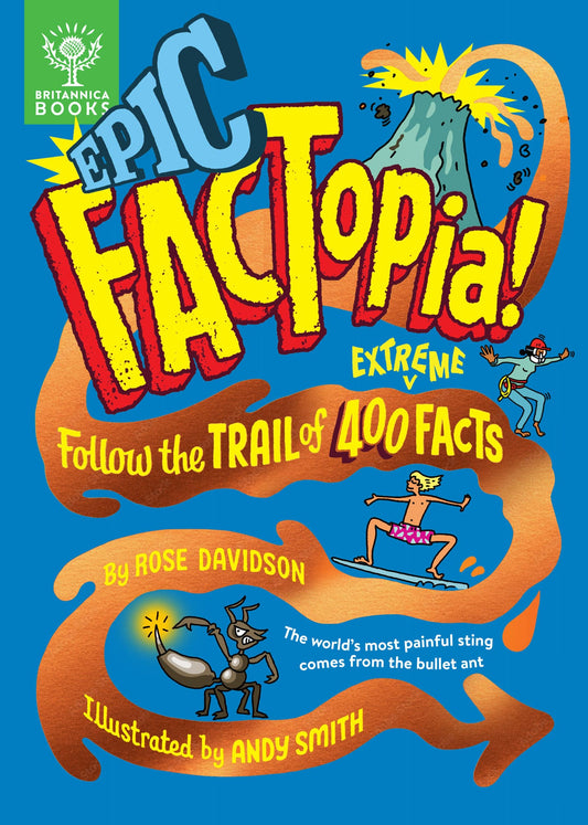 Cover of Epic FACTopia! featuring a blue background and spot illustrations