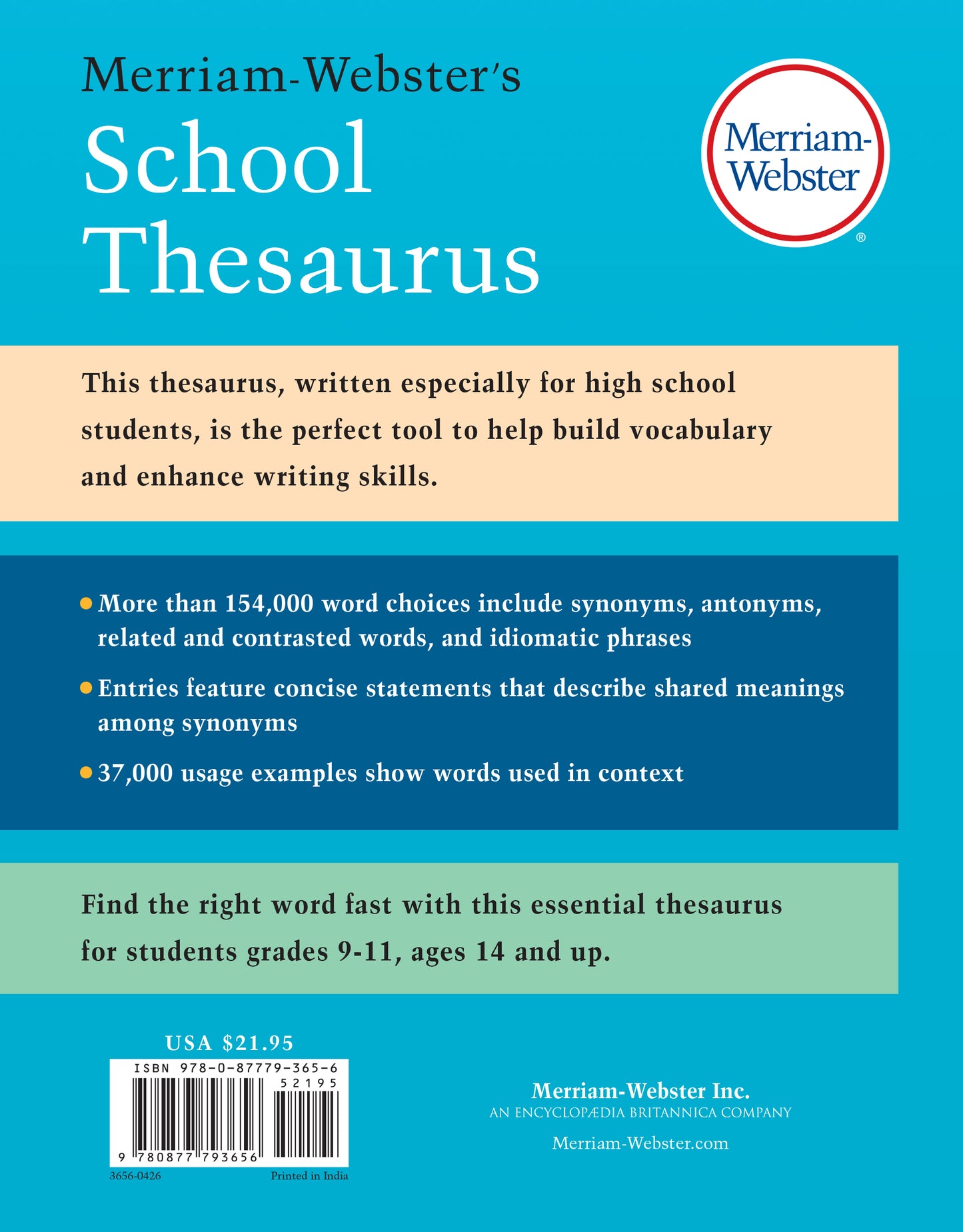 Back cover of Merriam-Webster's School Thesaurus containing bullet points about the book contents, price, and logos.