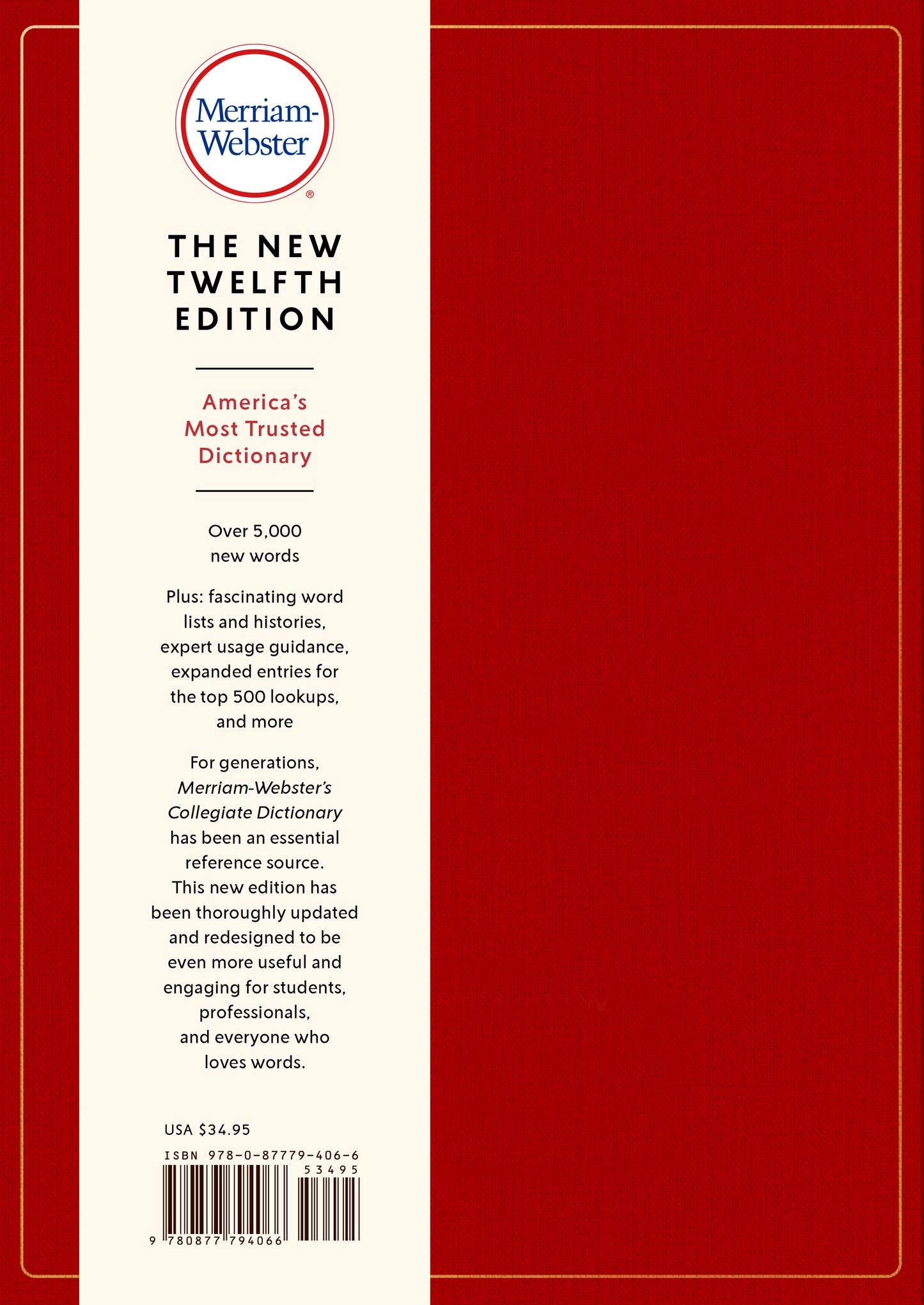 Back cover of Merriam-Webster's Collegiate Dictionary. Red linen texture book with a paper band vertically wrapping the cover