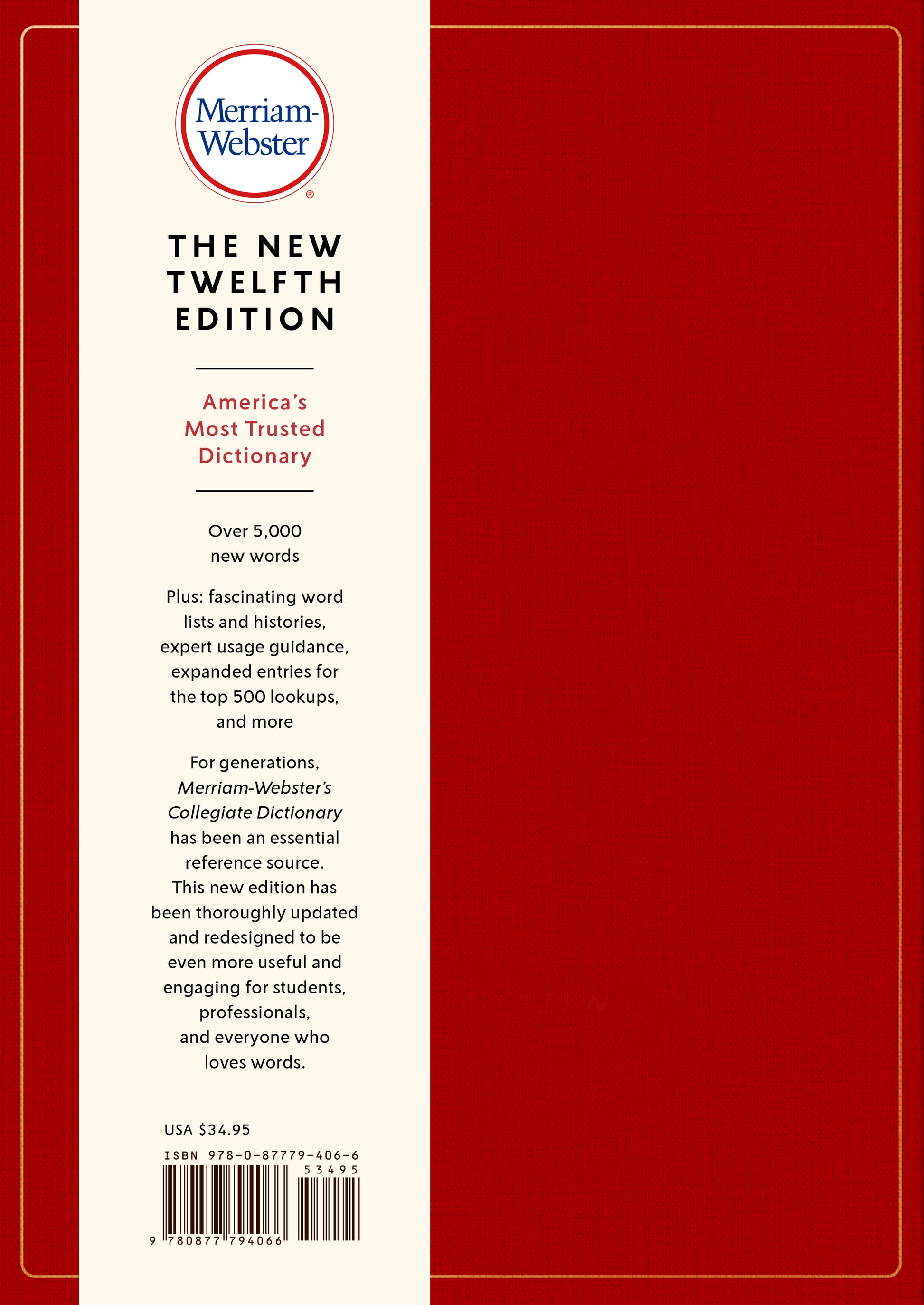 Back cover of Merriam-Webster's Collegiate Dictionary. Red linen texture book with a paper band vertically wrapping the cover