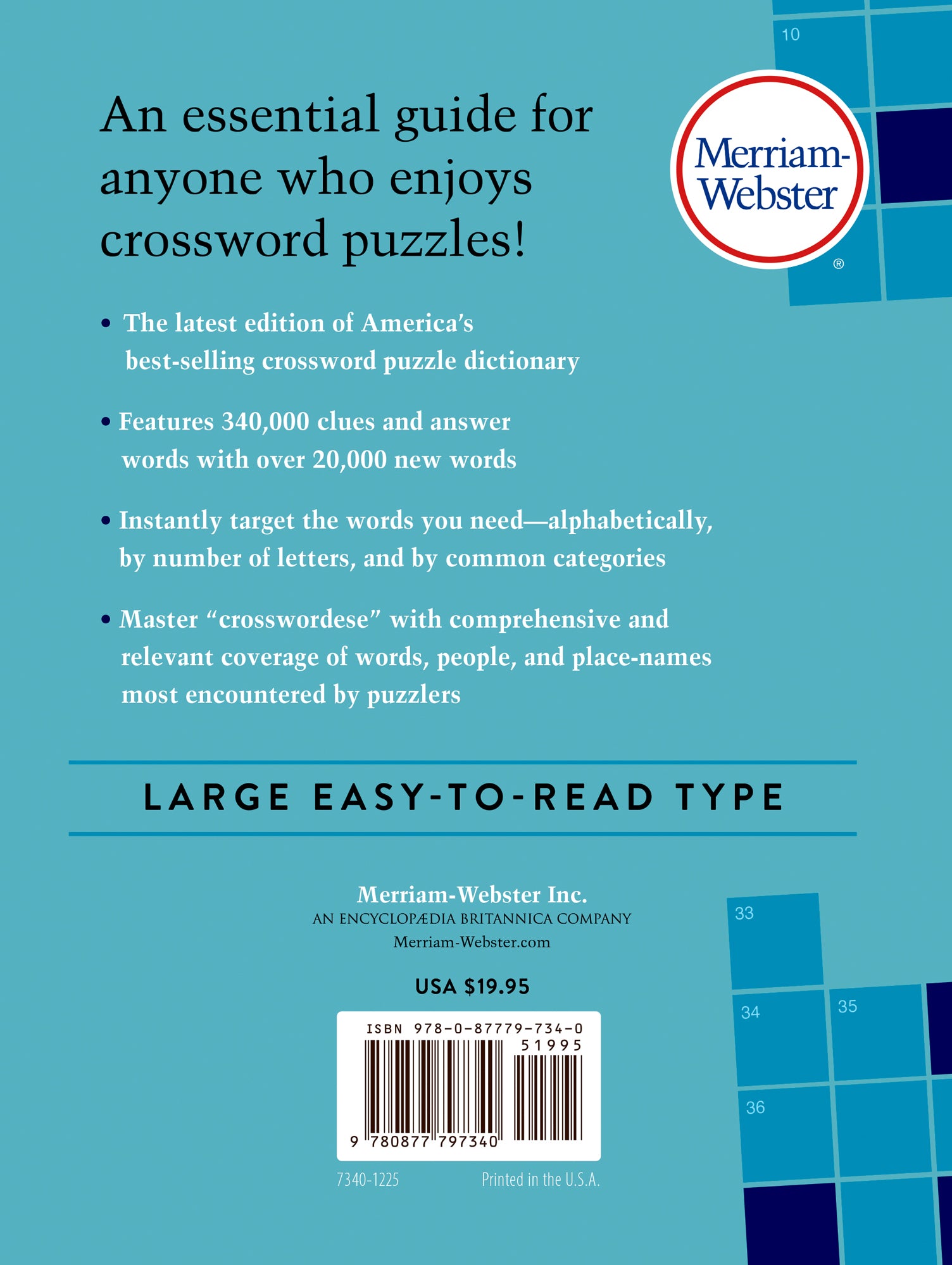 Back cover of Merriam-Webster's Crossword Puzzle Dictionary with the headline "An essential guide for anyone who enjoys crossword puzzles!" and text about the book's features.