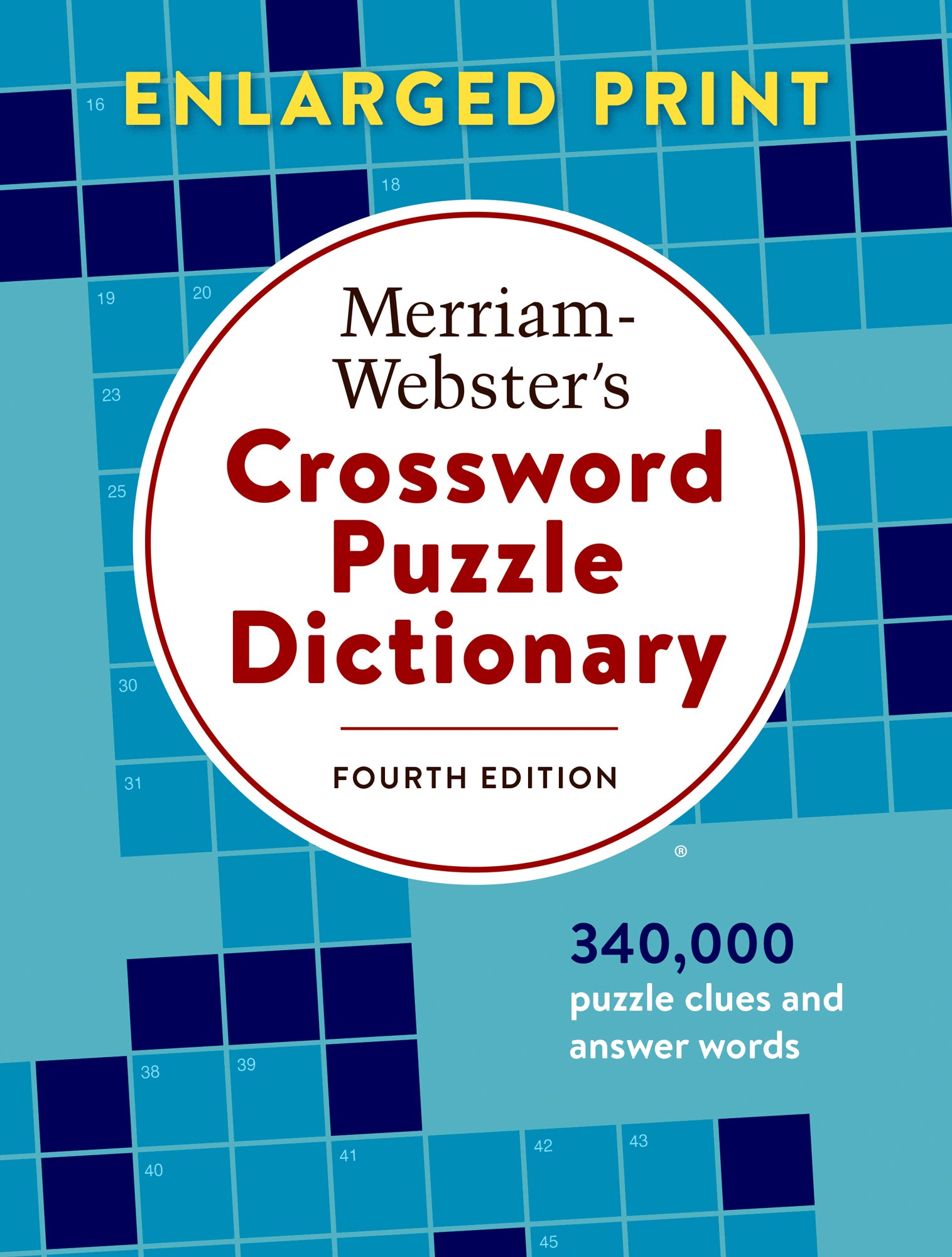 Merriam-Webster's Crossword Puzzle Dictionary, Enlarged Print cover with a crossword grid pattern and text '340,000 puzzle clues and answer words'