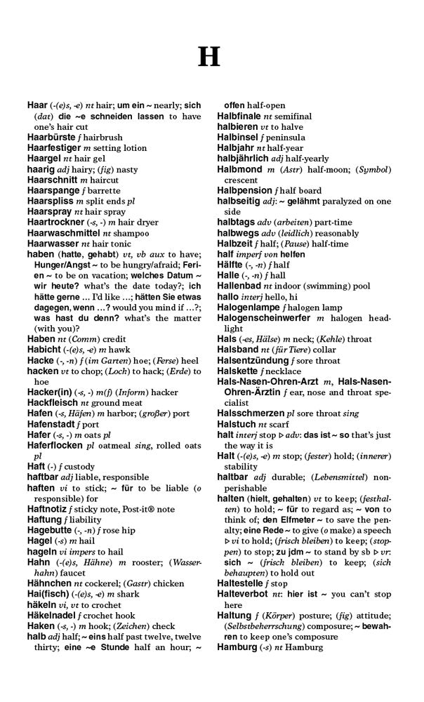 Sample entries from Merriam-Webster's German-English Dictionary