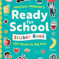 Cover of Merriam-Webster's Ready-for-School Sticker Book. White and yellow text on a teal background with illustrated sticker spot art and Merriam-Webster Kids logo.