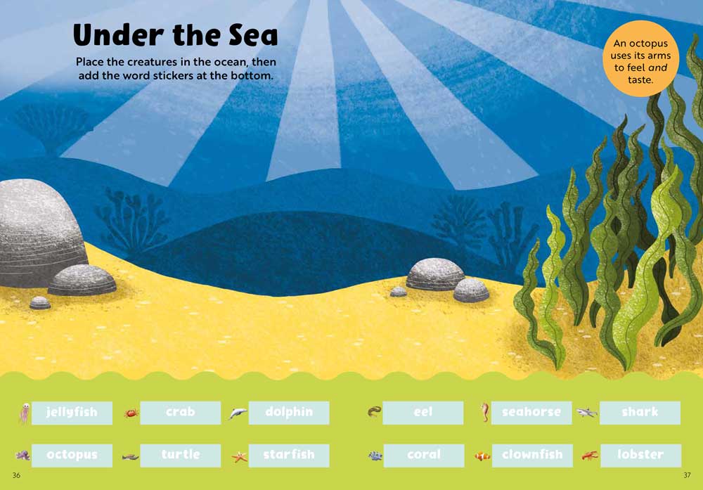 Interior spread from Ready-for-School Sticker Book with an underwater scene and ocean-related vocabulary.