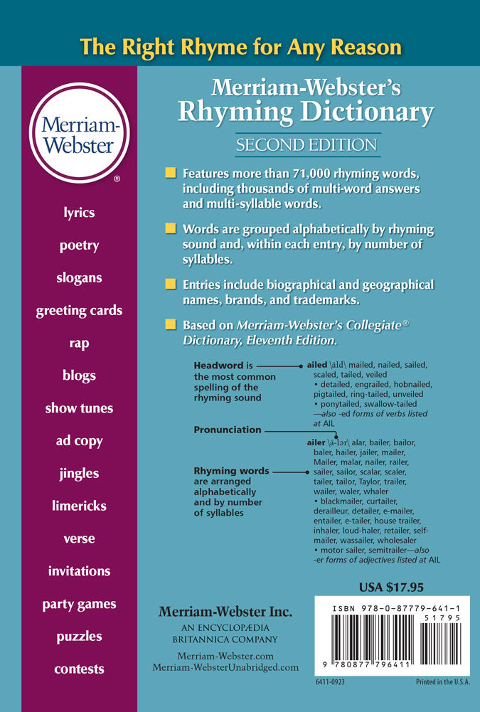 Back cover of Merriam-Webster's Rhyming Dictionary