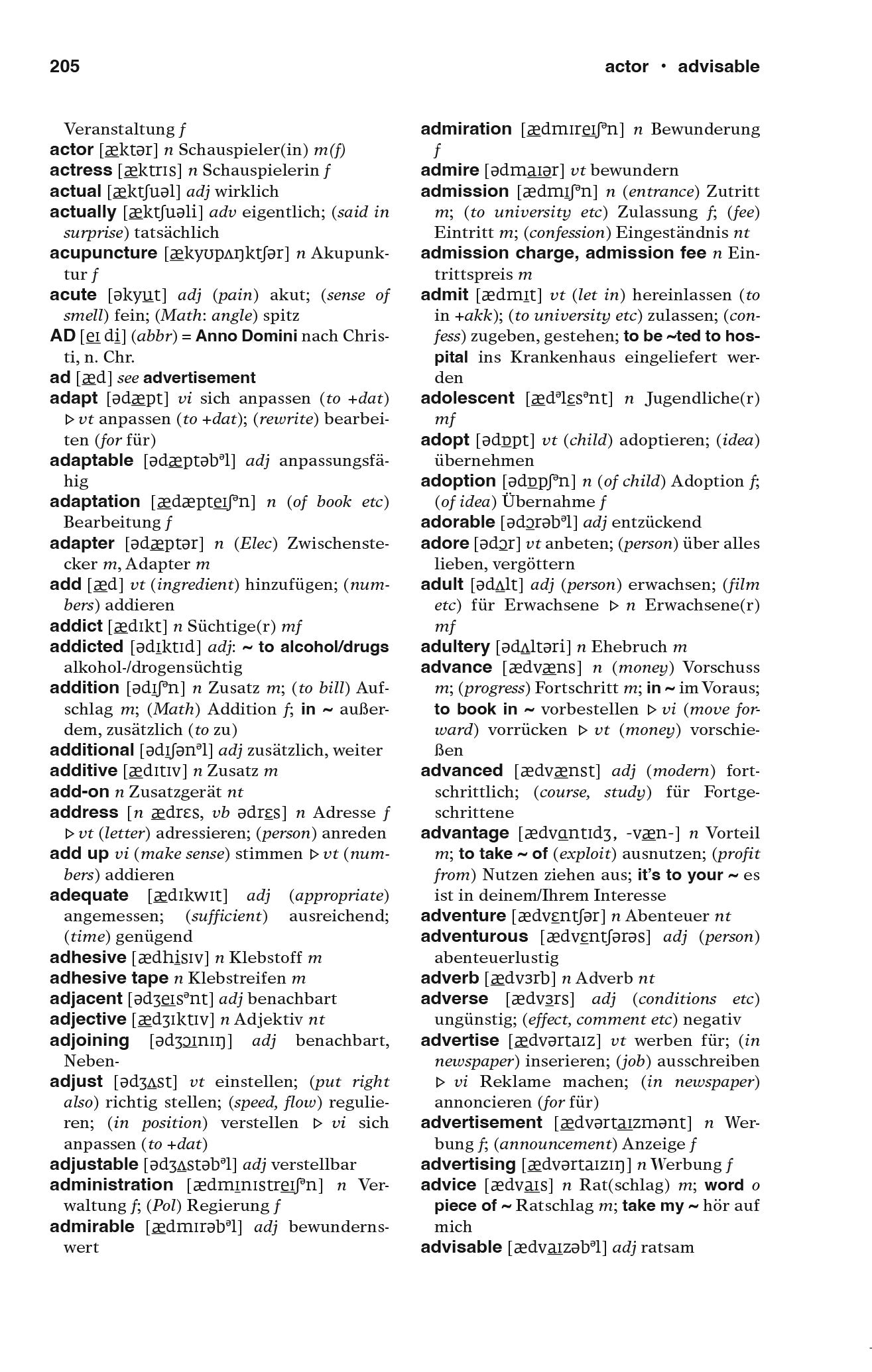 Inner page of Merriam-Webster's German-English Dictionary with translations in English to German