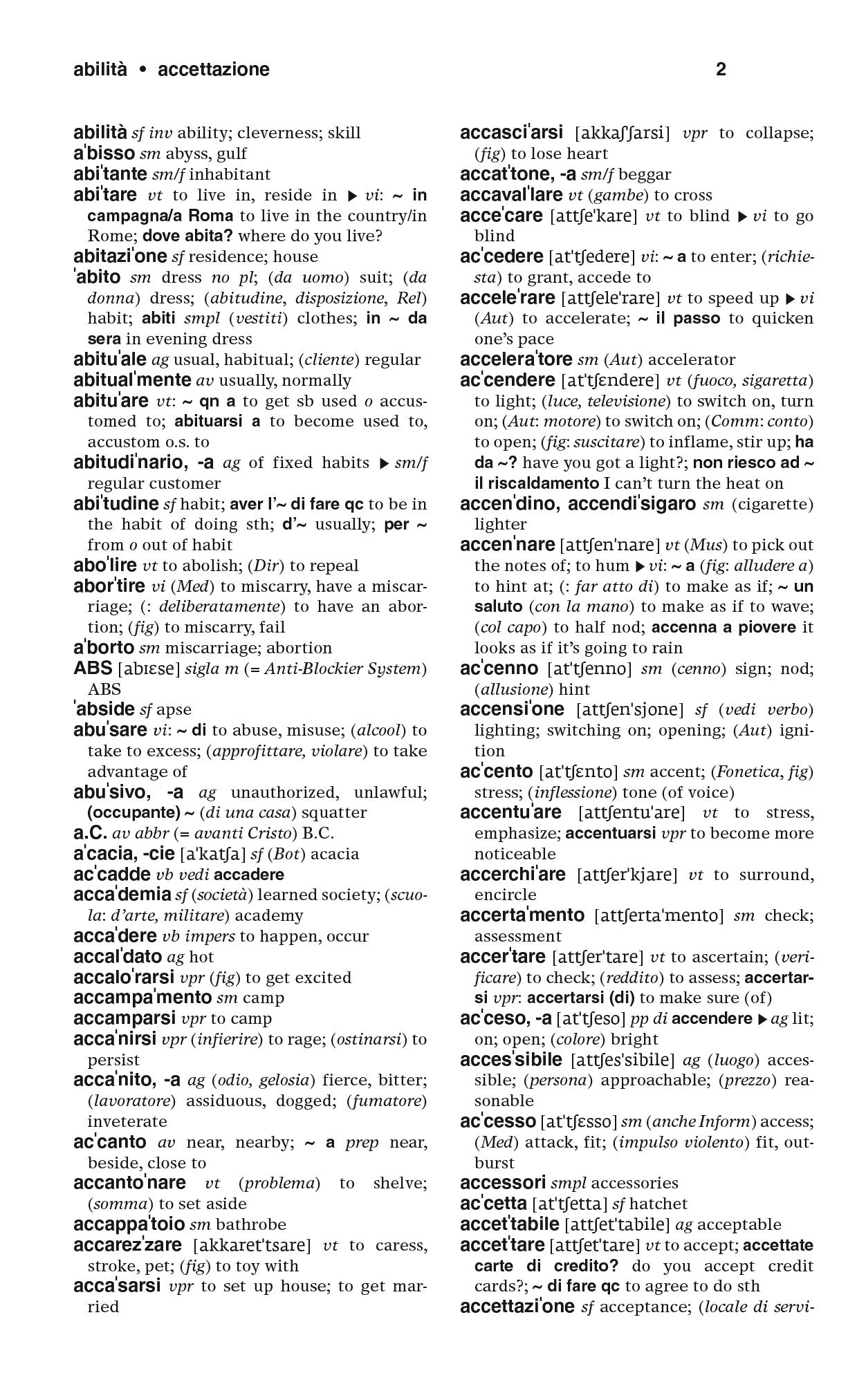 Inner page from Merriam-Webster's Italian-English Dictionary with translations from Italian to English 