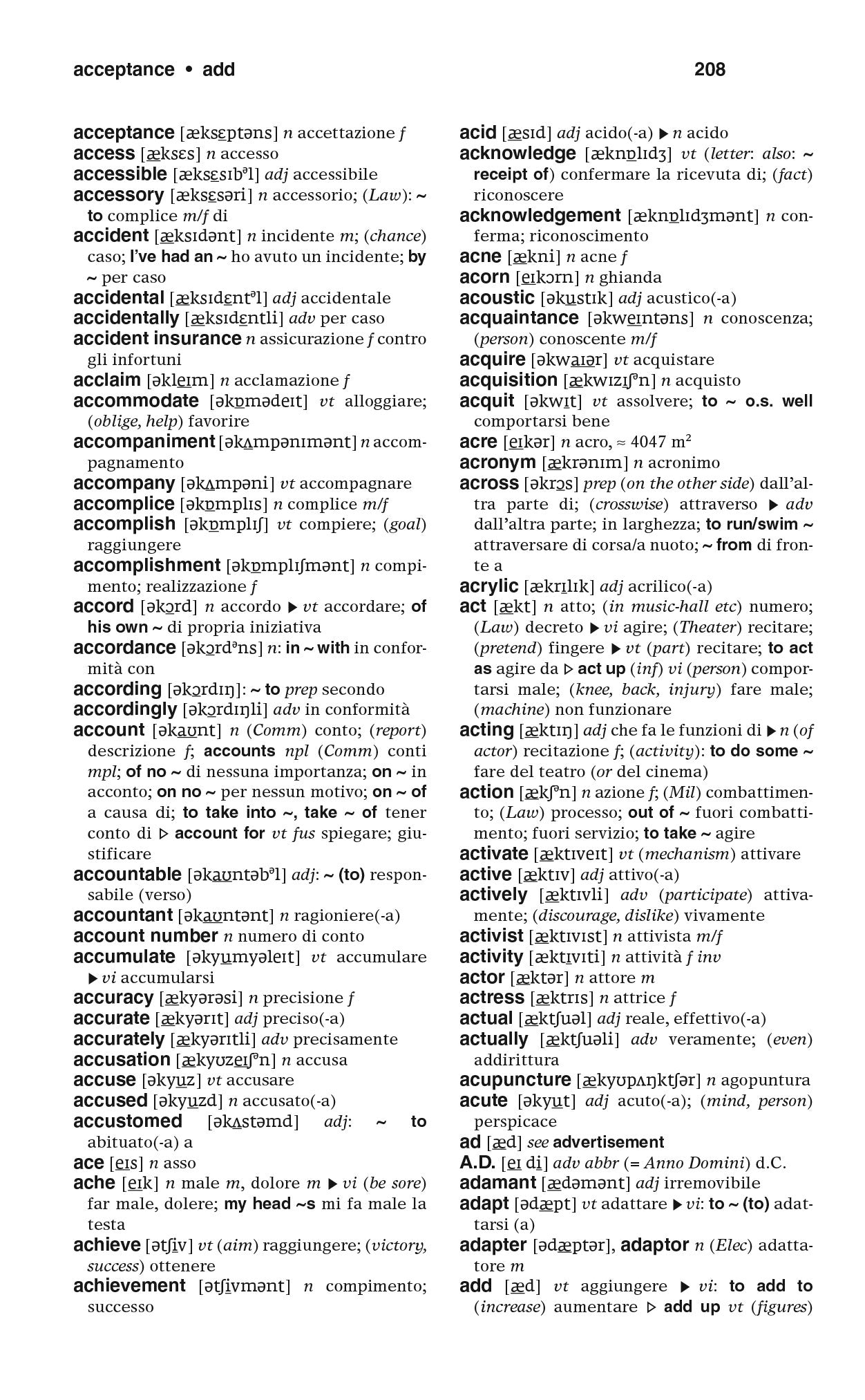 Sample page from Merriam-Webster's Arabic English Dictionary with translations from English to Italian