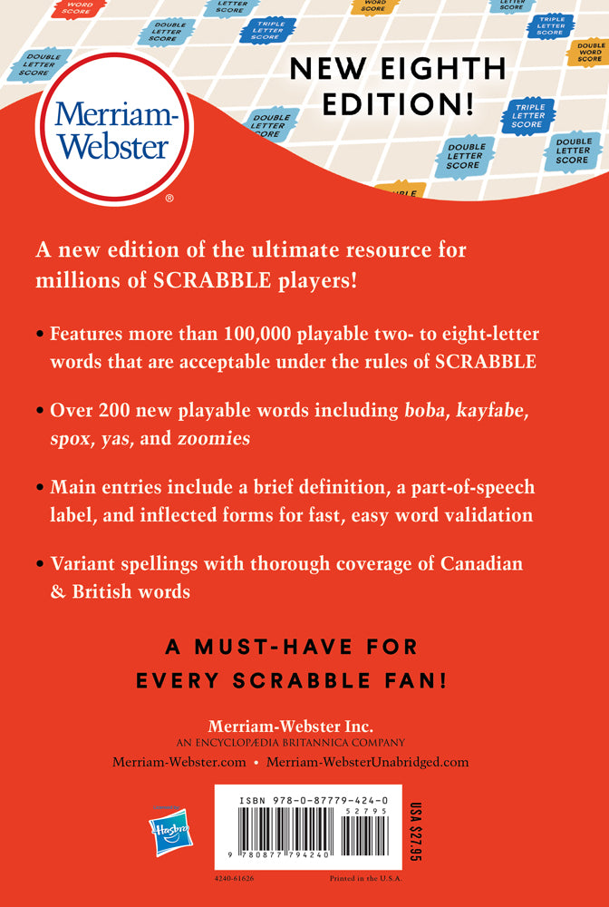 Back cover of The Official SCRABBLE Players Dictionary, Eighth Edition containing copy about the book, price, and barcode