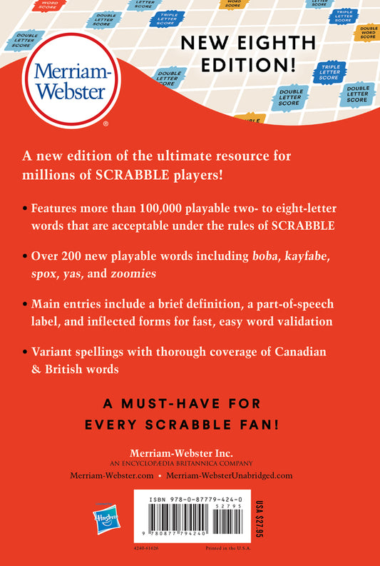 Back cover of The Official SCRABBLE Players Dictionary, Eighth Edition containing copy about the book, price, and barcode