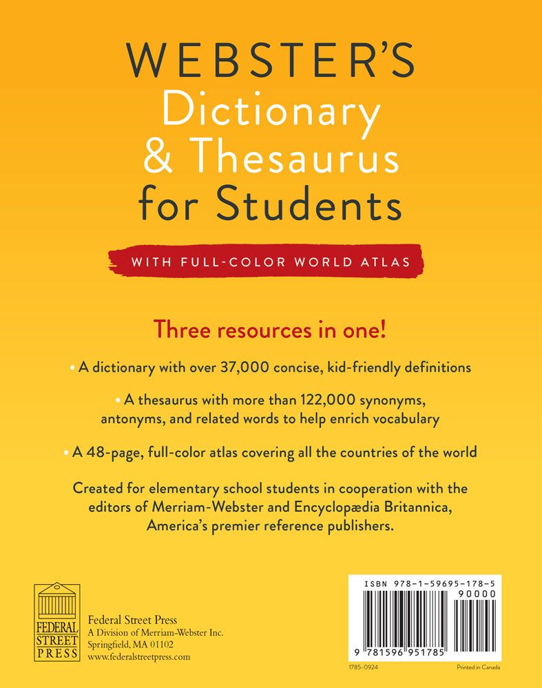 Back cover of Webster's Dictionary and Thesaurus for Students, Third Edition, with Full-Color World Atlas