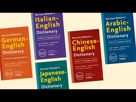 Video showing covers of 5 Bilingual Dictionaries from Merriam-Webster - German, Italian, Chinese, Japanese, & Arabic and sample pages