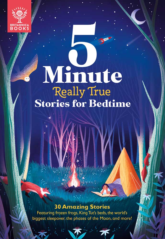 5-minute Really True Stories for Bedtime cover. An illustrated design of a camping scene, girl reading a book from inside a tent near a campfire.