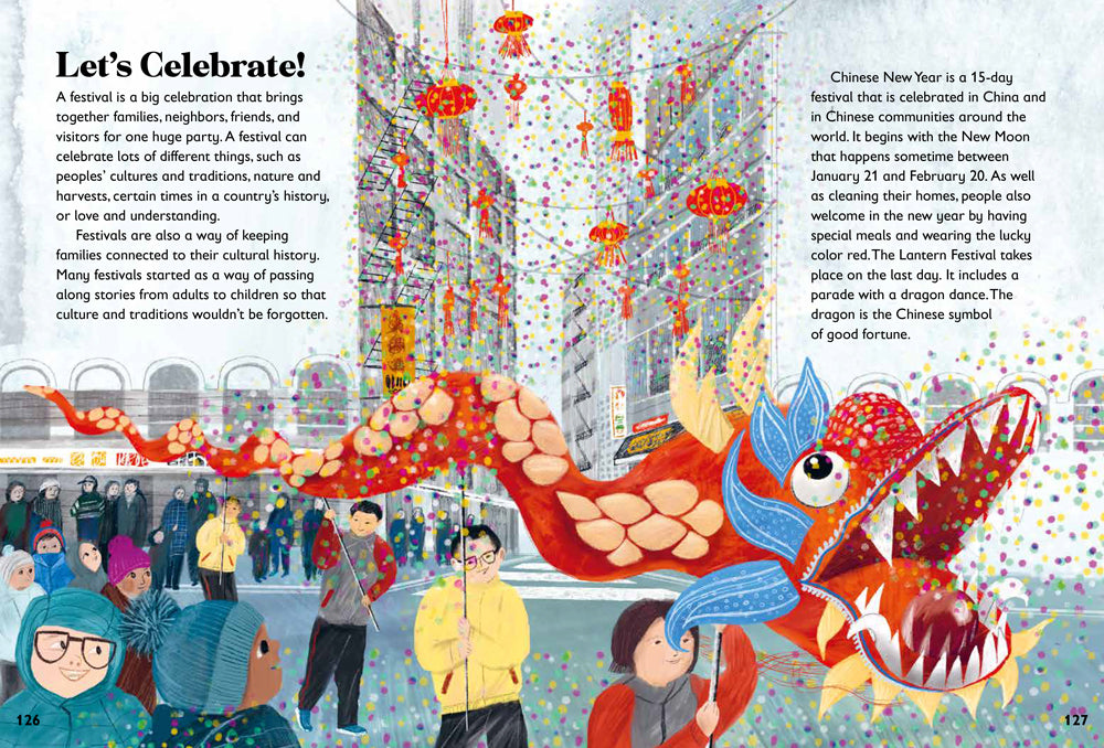 Inside pages from Britannica's 5-Minute Really True Stories for Family Time about festivals.