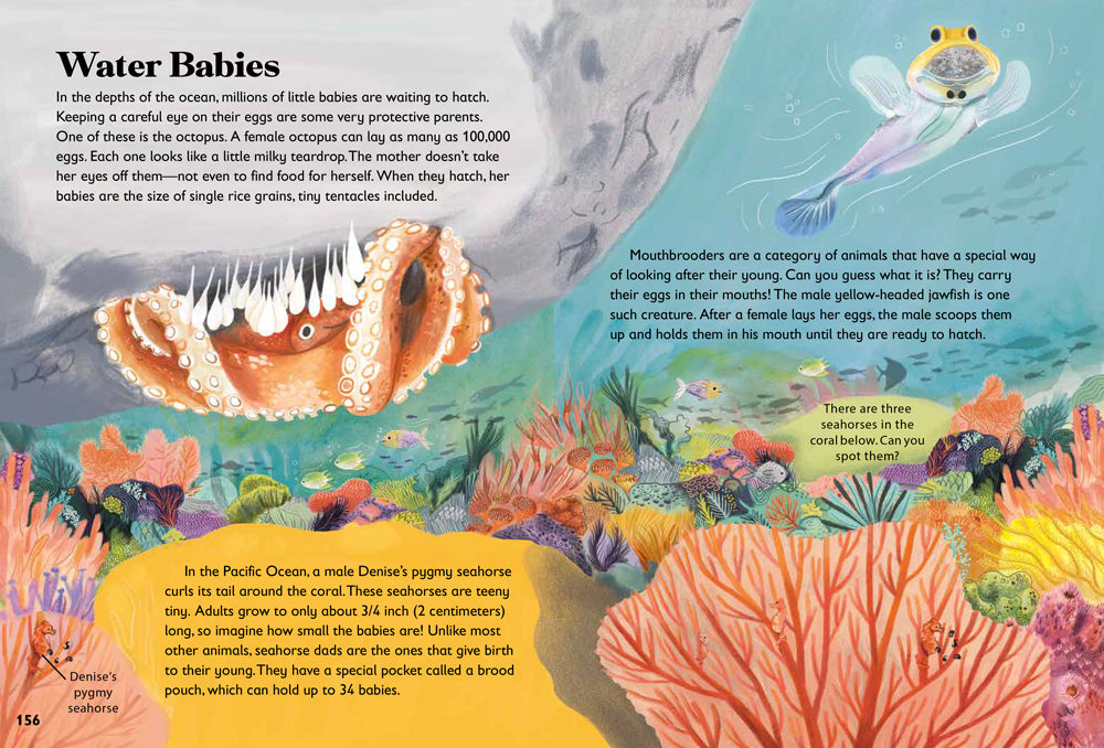 Inside pages from Britannica's 5-Minute Really True Stories for Family Time about sea animals and their babies.