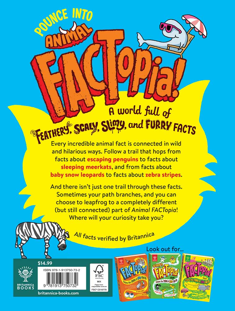 Back cover of Animal FACTopia!. Cover copy sits inside a yellow cat head shape on a blue background, with spot art and the title treatment as other design elements.