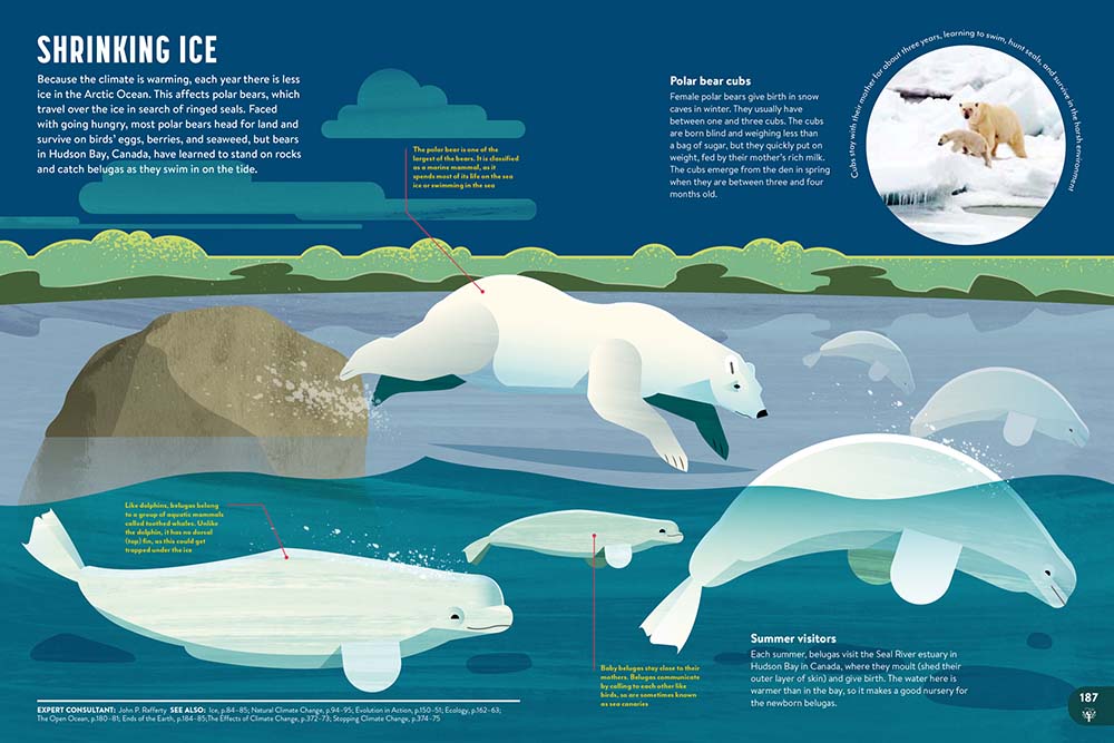 A spread from Britannica All New Kids' Encyclopedia about shrinking ice