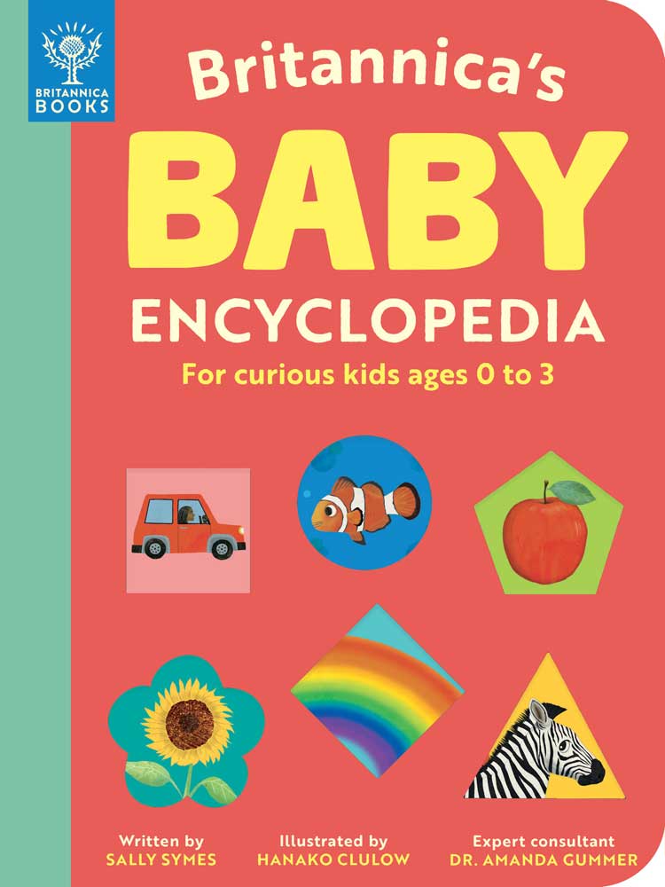 Cover of Britannica's Baby Encyclopedia. A reddish background with white and yellow type and shape cutouts showing art on the inside page.
