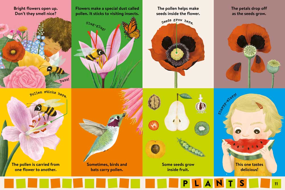 Pages 10-11 of Britannica's Baby Encyclopedia featuring words and illustrations about plants.