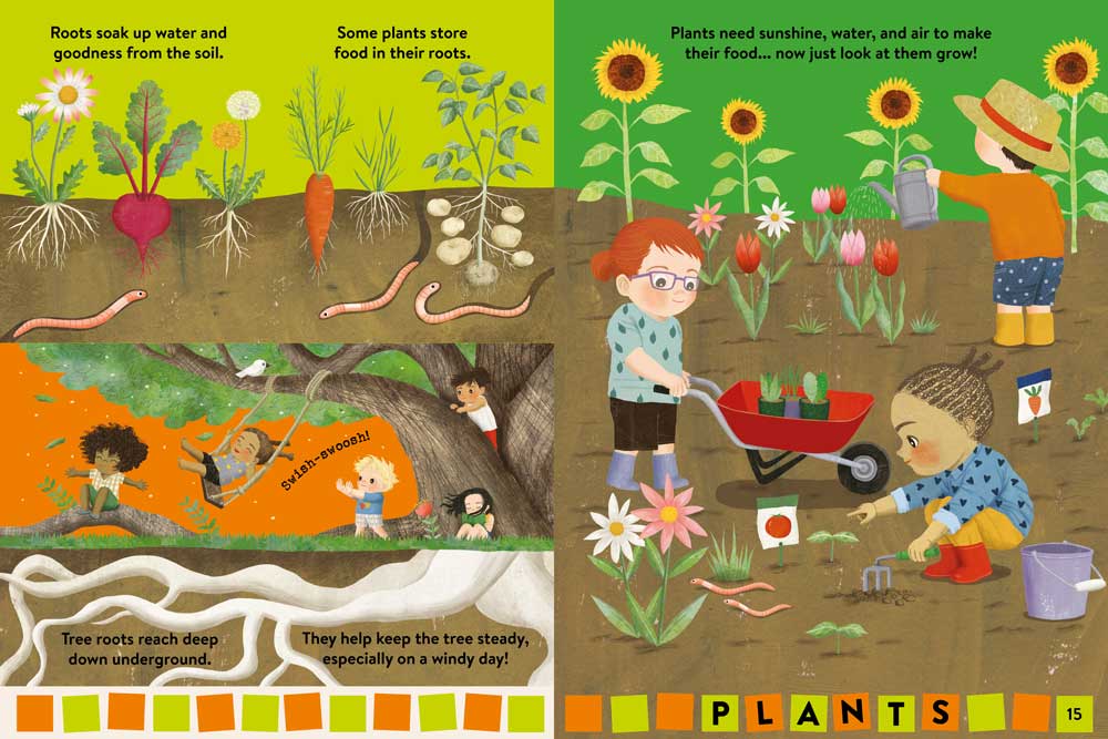 Pages 14-15 of Britannica's Baby Encyclopedia featuring words and illustrations about plants.