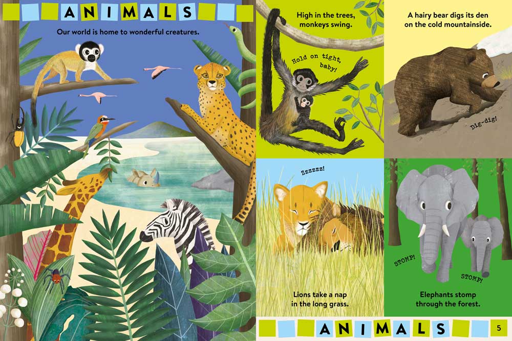 Pages 4-5 of Britannica's Baby Encyclopedia featuring words and illustrations about animals.