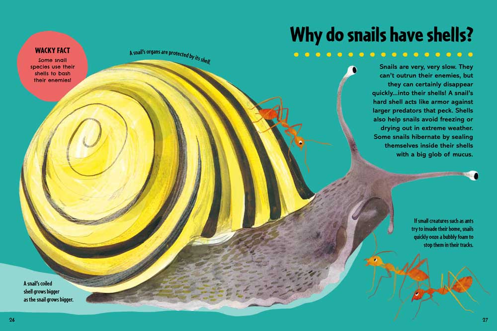 A spread from Britannica's First Big Book of Why about why snails have shells. Features a large illustration of a snail on teal background.