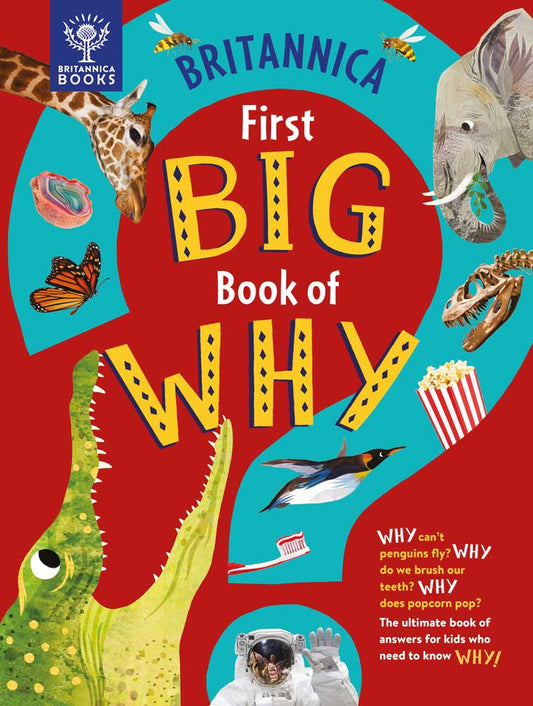 Britannica First Big Book of Why cover. Design features a bright red background with a large blue question mark and spot illustrations.