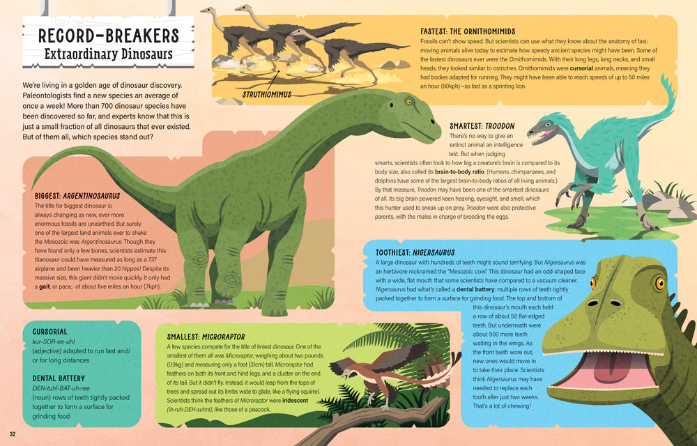 Pages 32-33 of Dinosaurs: 400 Words for Budding Paleontologists. Spread is titled "Record-Breakers: Extraordinary Dinosaurs" with short paragraphs about different dinosaurs.