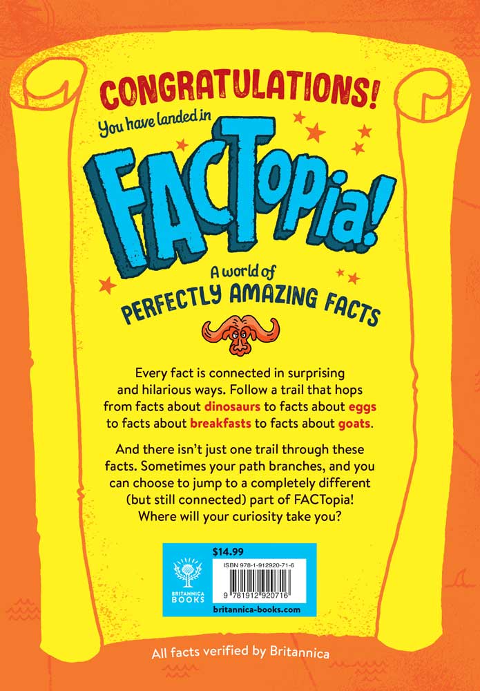 Back cover of FACTopia! with the text: Every fact is connected in surprising and hilarious ways. Follow a trail that hops from facts about dinosaurs to facts about eggs to facts about breakfasts to facts about goats. Where will your curiosity take you?