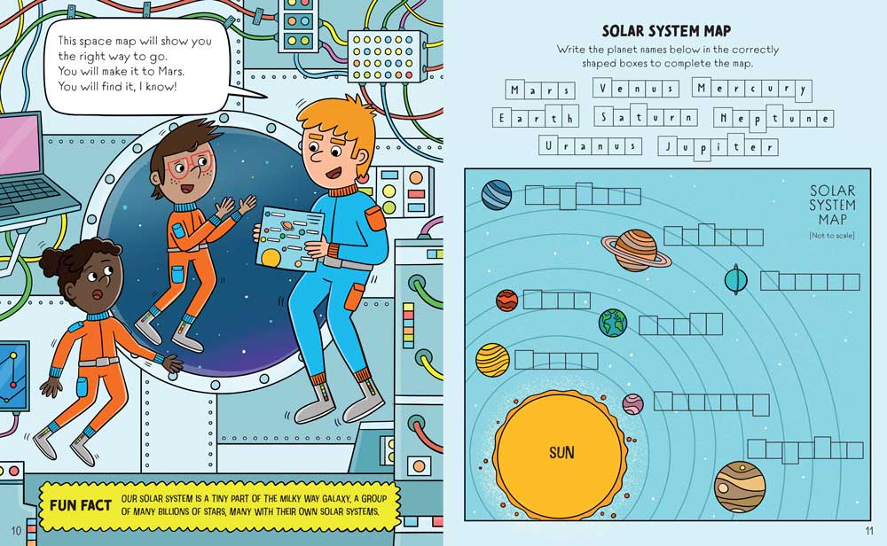 Interior spread from Follow the Stars, What Happened on Mars? with a word activity about the solar system.