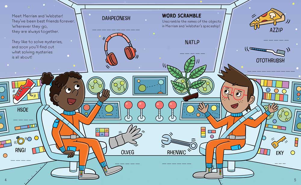 Interior spread from Follow the Stars, What Happened on Mars? presenting Merriam and Webster with a word scramble activity.