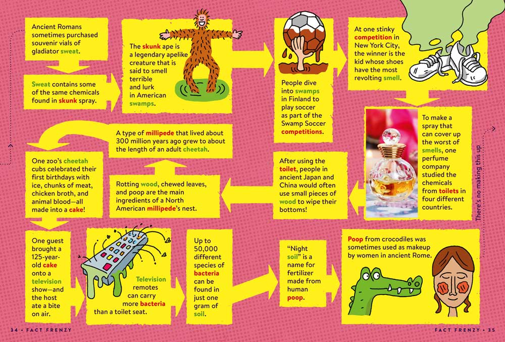 Pages 34-35 from Gross FACTopia! featuring connected facts laid out in a pattern of yellow boxes on a pink background.