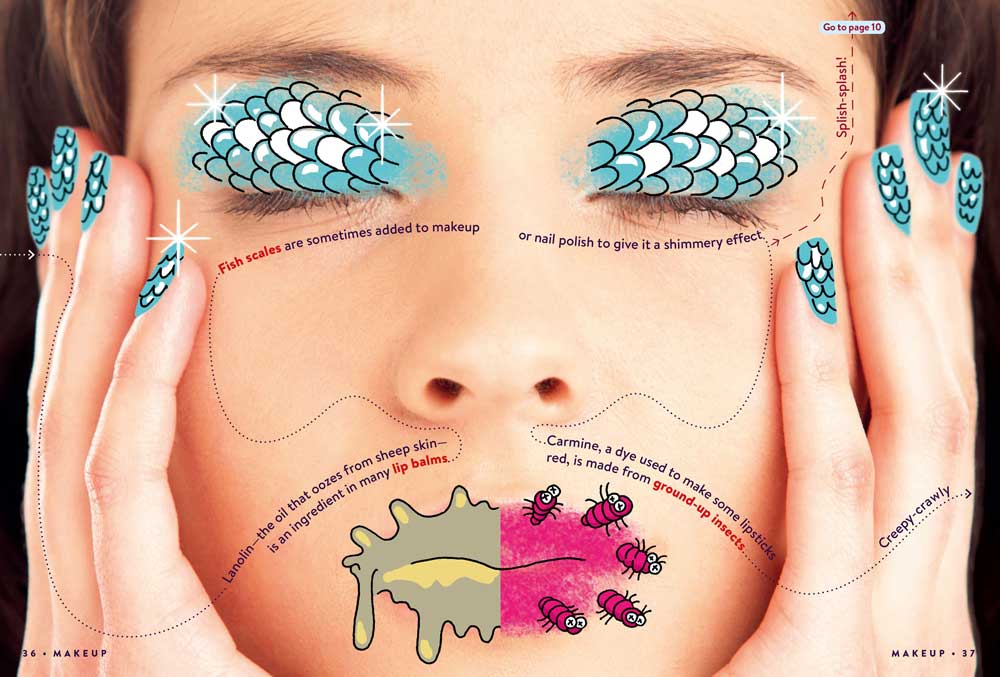 Pages 36-37 from Gross FACTopia! featuring facts about makeup. Design is a closeup of a woman's face with text and illustrations laid on top.