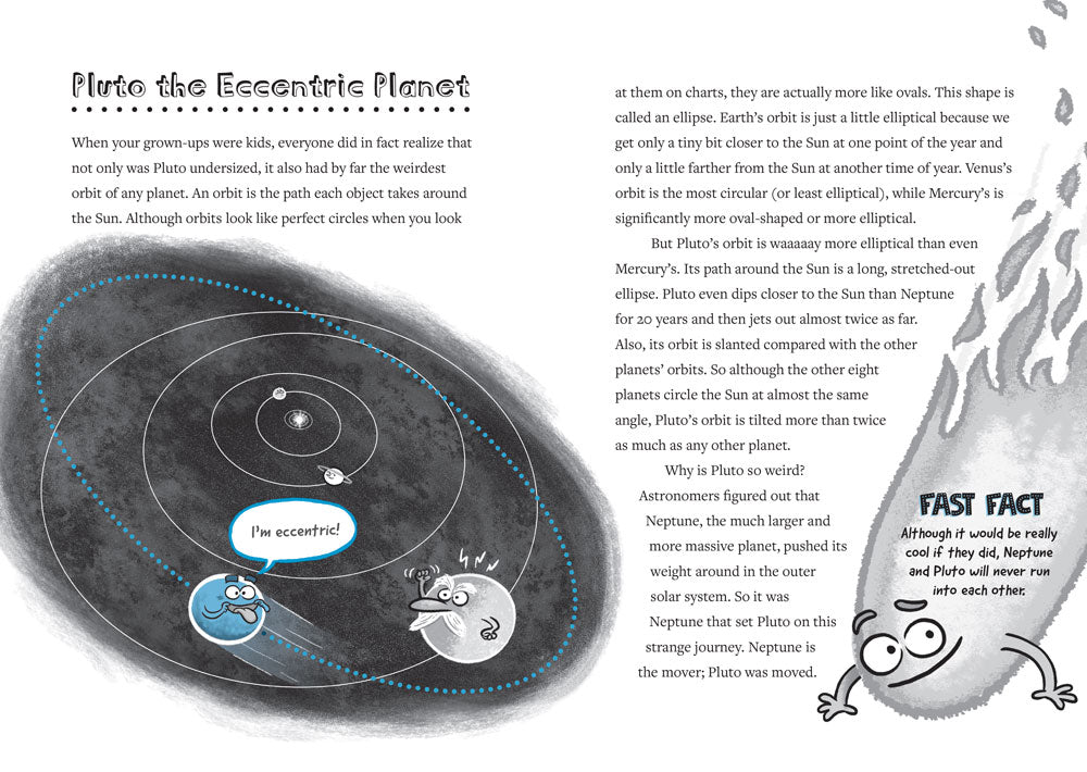 Interior spread from How to Teach Grown Ups About Pluto titled "Pluto the Eccentric Planet."