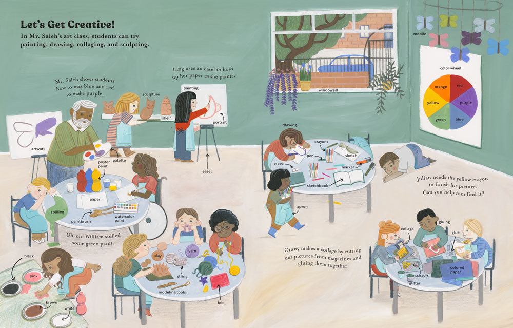 Inside spread from Merriam-Webster's Ready-for-School Words: An art room with various creative activities and tools.