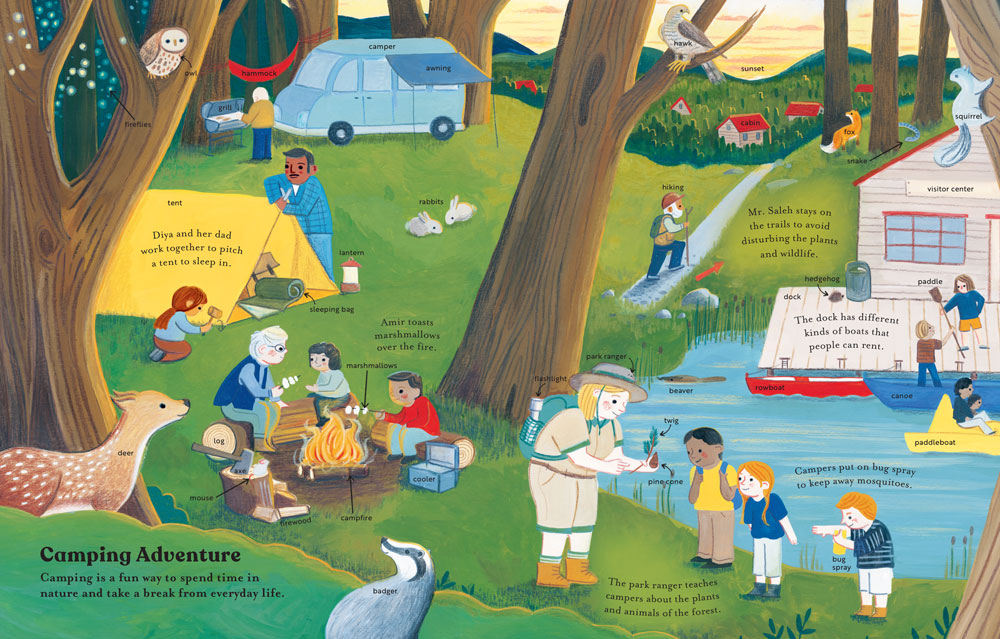 Inside spread from Merriam-Webster's Ready-for-School Words: A camping adventure in the woods.