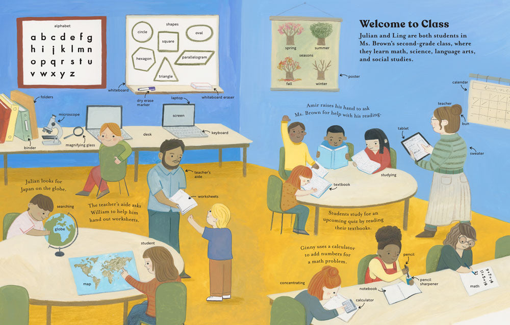 Inside spread from Merriam-Webster's Ready-for-School Words: A second-grade classroom.