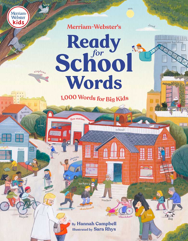 Cover of Ready-for-School-Words: 1,000 Words for Big Kids. Image is a hand-painted illustration of a town with labeled objects.