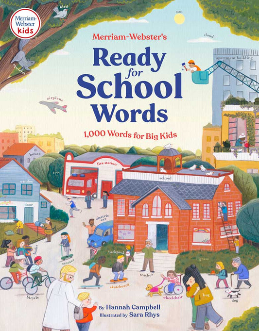 Cover of Ready-for-School-Words: 1,000 Words for Big Kids. Image is a hand-painted illustration of a town with labeled objects.