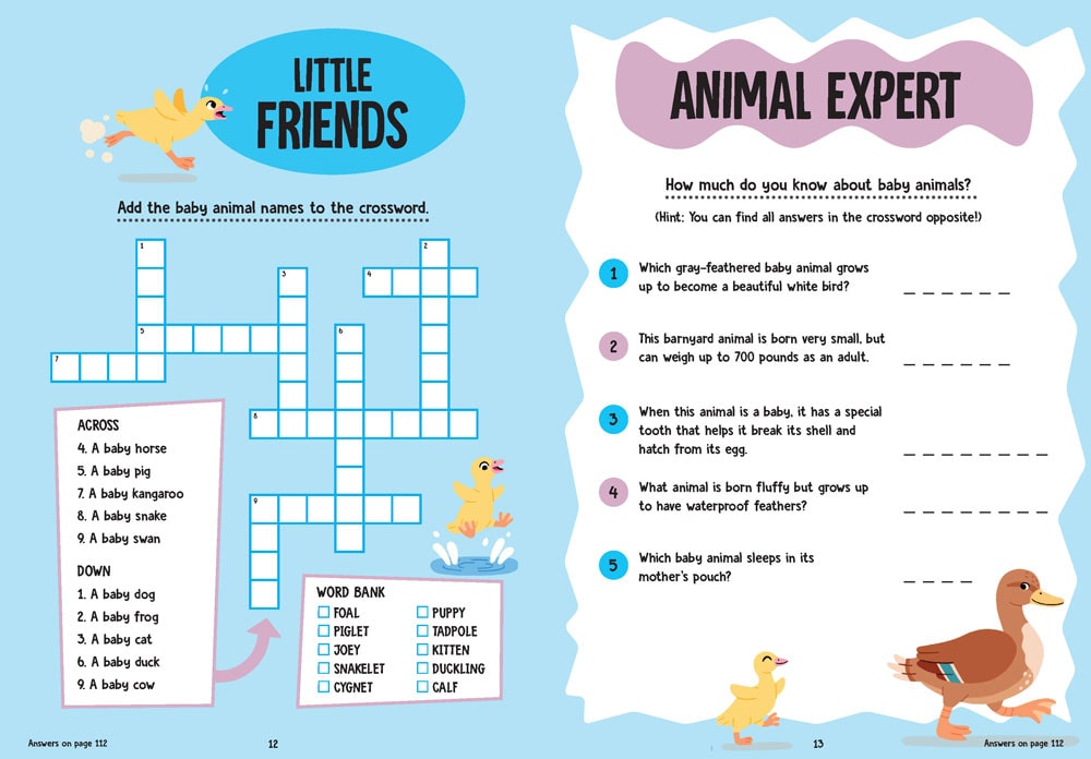 Pages 12-13 from Merriam-Webster's Word Puzzle Adventures. Page 12 is a crossword puzzle about baby animals and page 13 is a word game relating to the crossword puzzle.